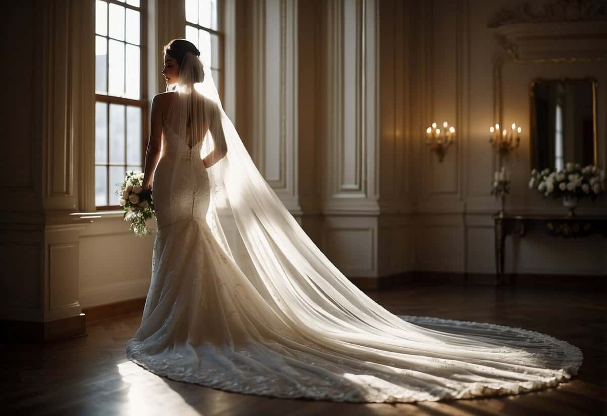 A cascading veil drapes over a flowing silhouette, creating a graceful and elegant wedding look