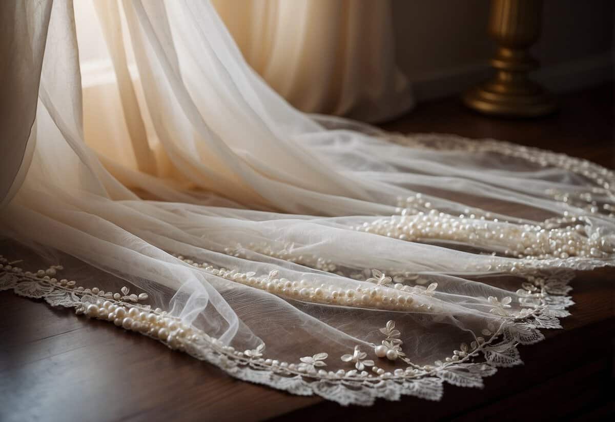 A pearl veil drapes over a lace-trimmed wedding gown, exuding timeless beauty