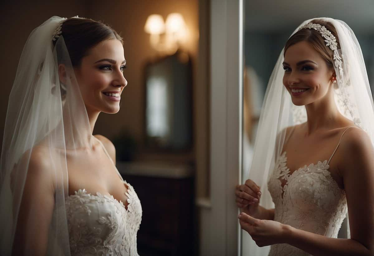 A bride stands in front of a mirror, trying on different veils. She holds a lace-trimmed veil up to her face, examining herself with a smile