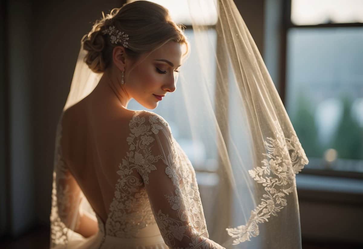 A bride's veil cascades down her back, gently catching the light as it flows. Delicate lace details and subtle embellishments add a touch of elegance