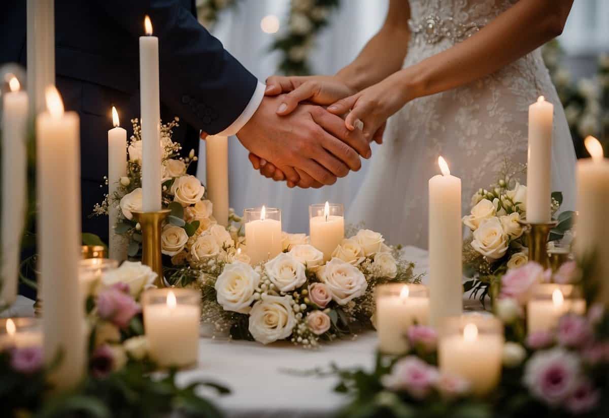 A bride and groom exchanging rings at the altar, surrounded by flowers and candles, with a sign reading "Wedding Tips" in the background