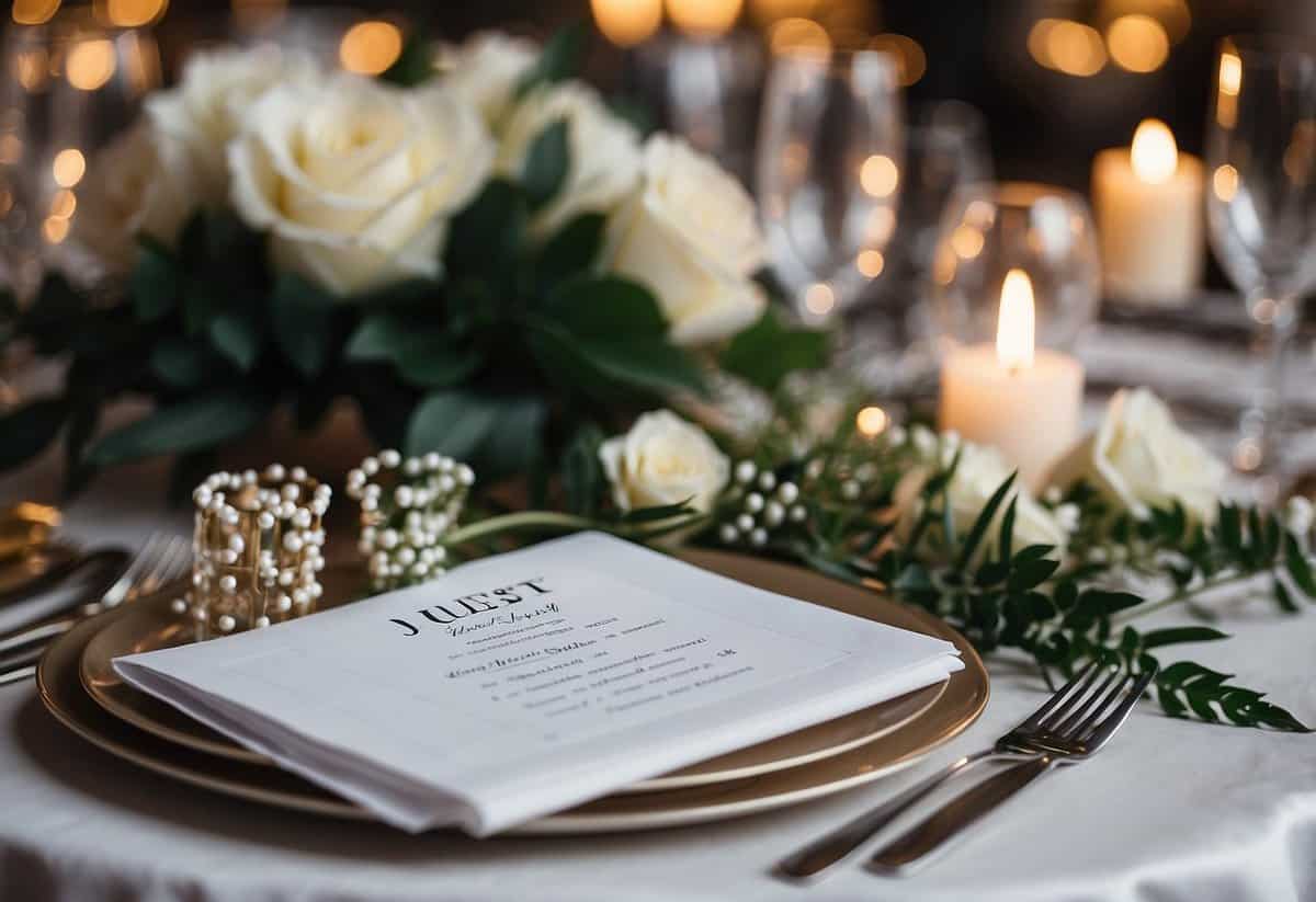 A table with a neatly written guest list, surrounded by wedding decor and a calendar with the wedding date circled