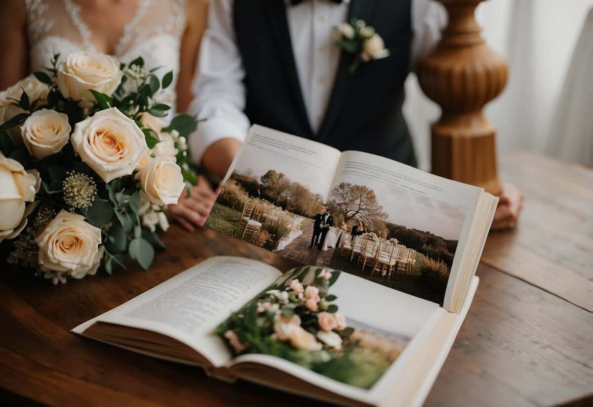A bride and groom reading a wedding photography book, surrounded by wedding decor and flowers