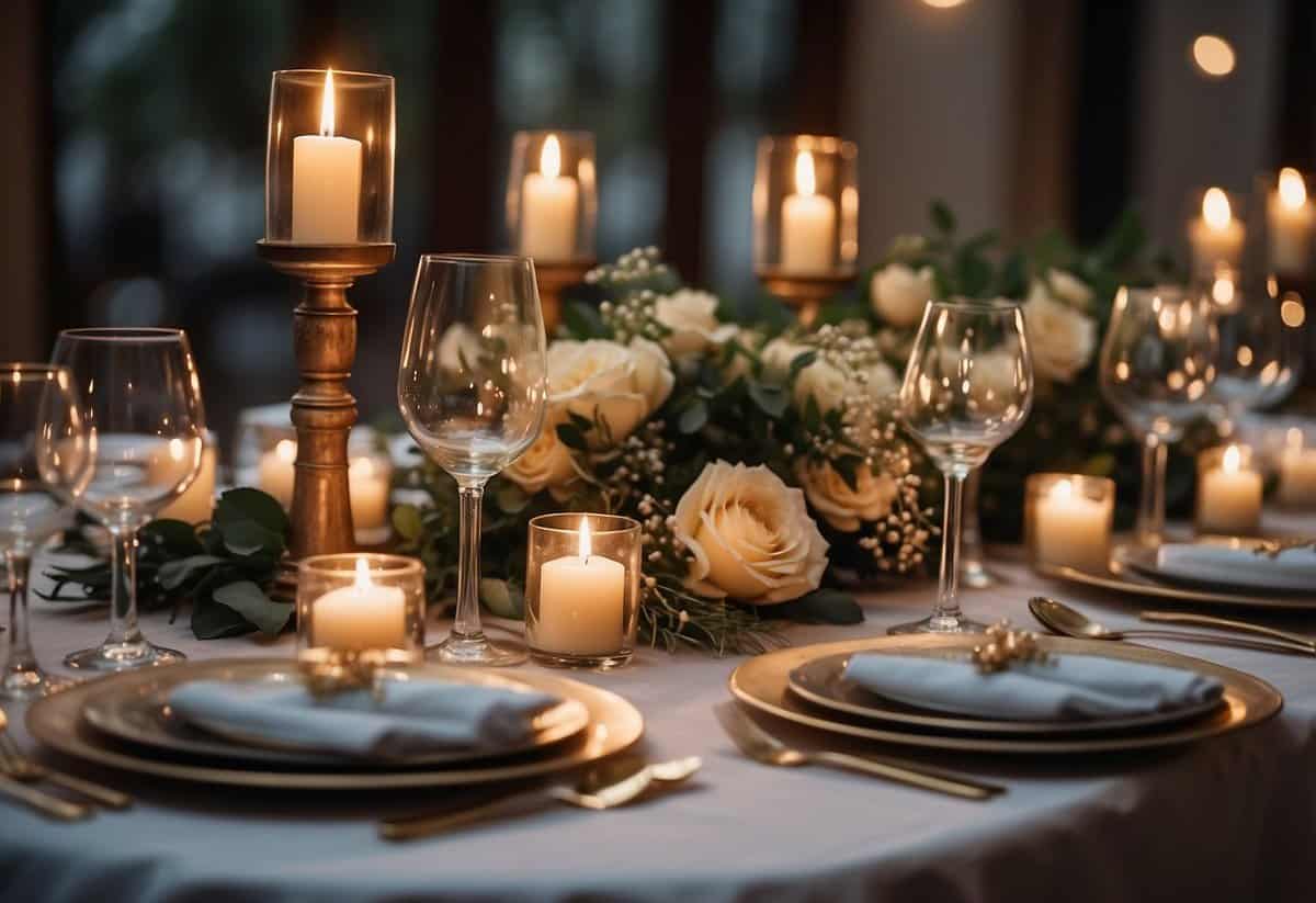 A beautifully set table with elegant place settings and a variety of delicious dishes, surrounded by decorative floral arrangements and twinkling candlelight