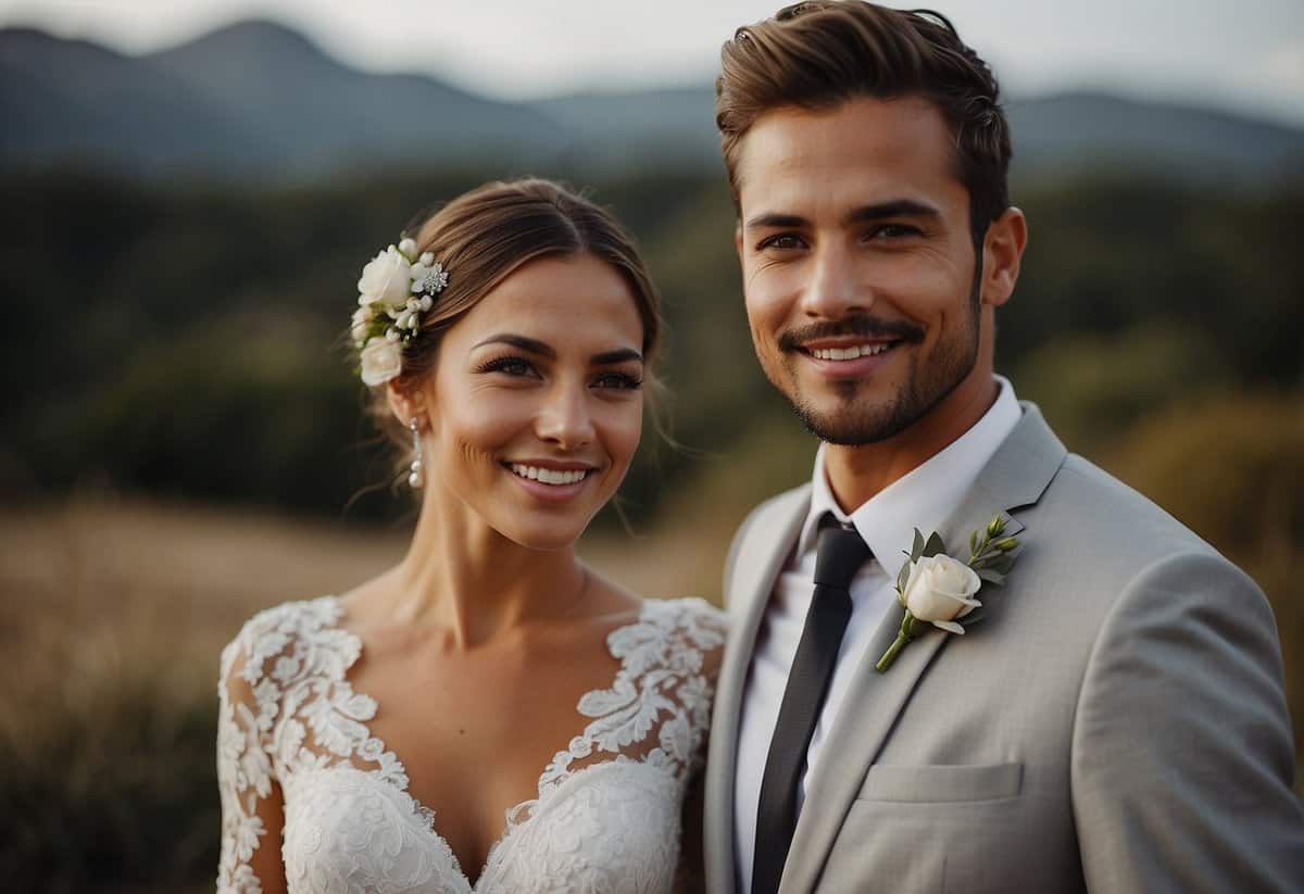 A bride and groom stand side by side, dressed in their wedding attire. The bride wears a flowing white gown, while the groom is dapper in a sharp suit. They both exude confidence and joy as they prepare to say "I do."
