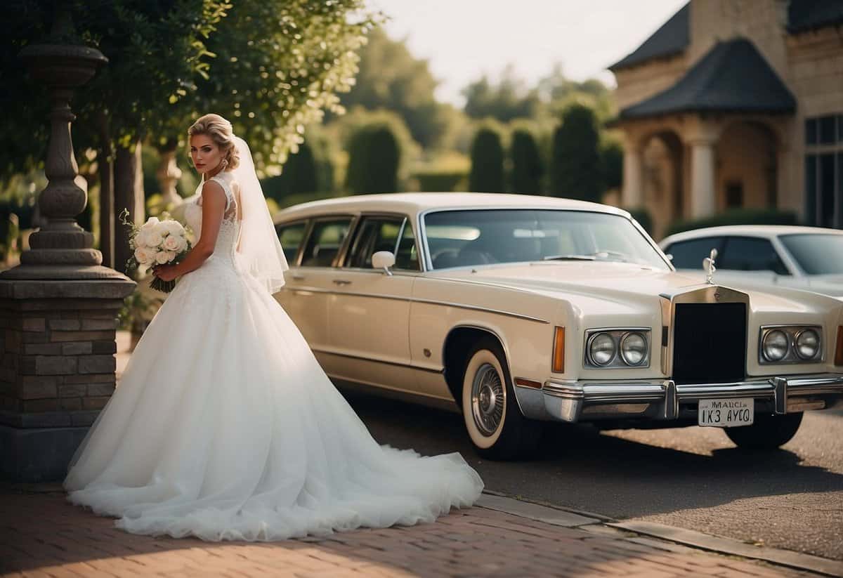 A classic car with "Just Married" sign, and a sleek limousine parked outside a grand wedding venue