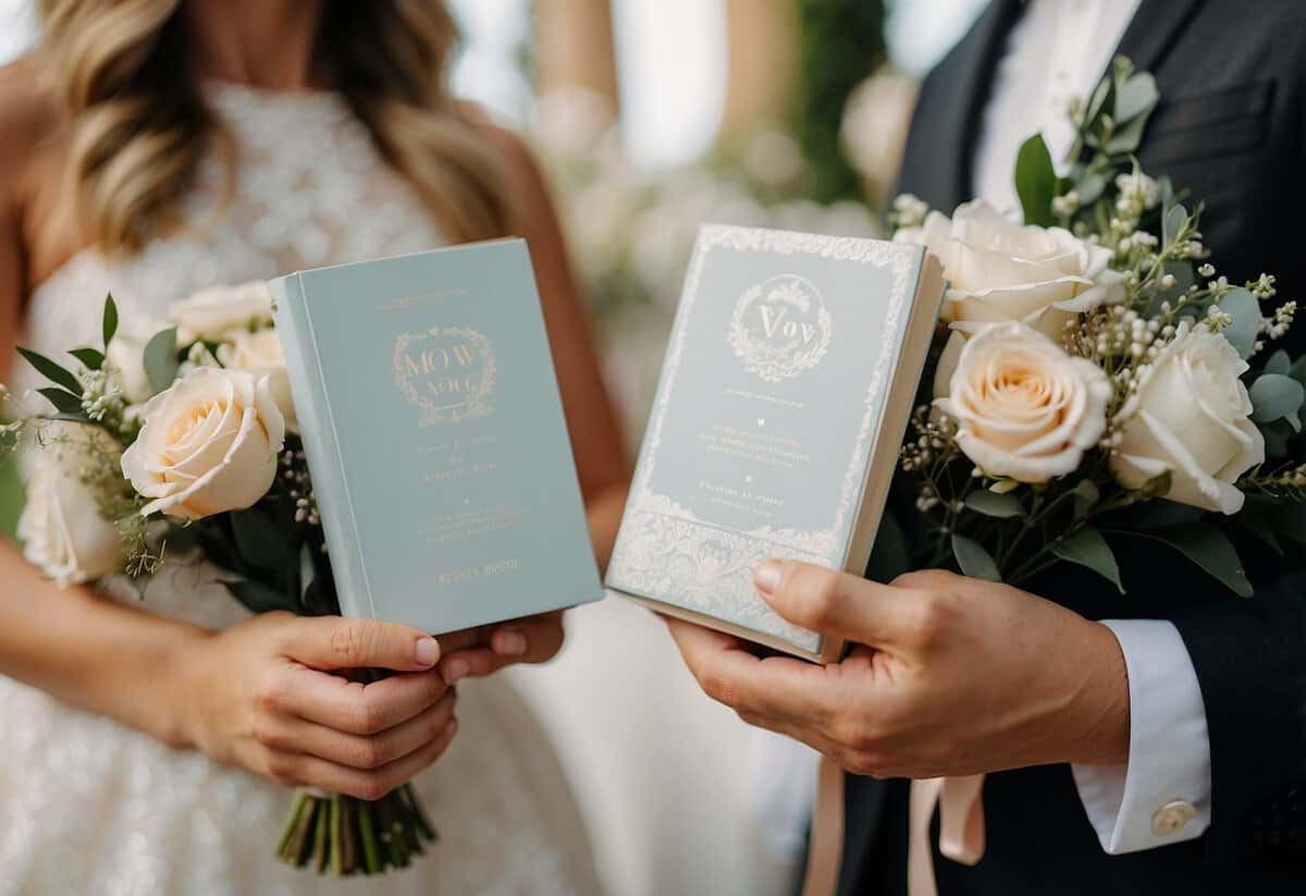 A bride and groom's hands holding personalized vow books, surrounded by delicate floral arrangements and elegant wedding decor