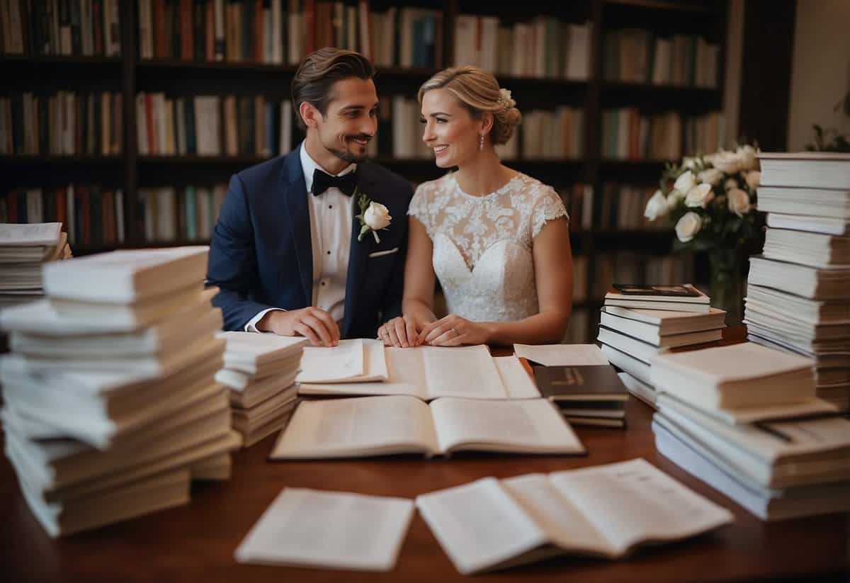 A bride and groom sit at a table, surrounded by wedding planning books and magazines. They are discussing details and making notes