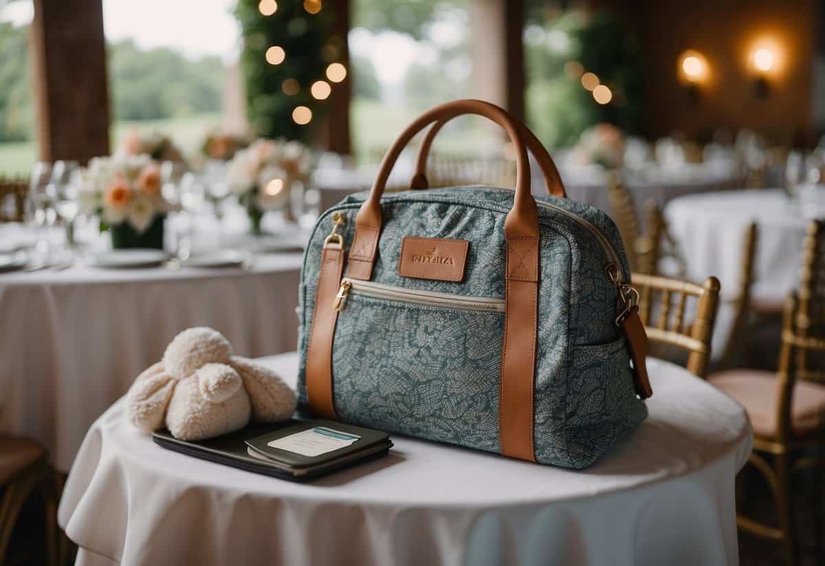 A diaper bag packed with baby essentials sits on a chair at a wedding venue