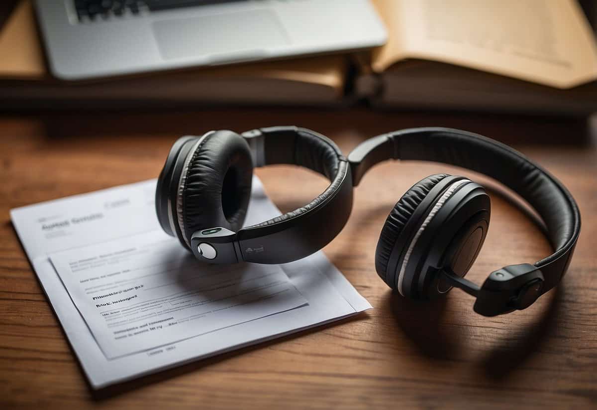 A pair of noise-canceling headphones placed on a table next to a stack of wedding tip envelopes