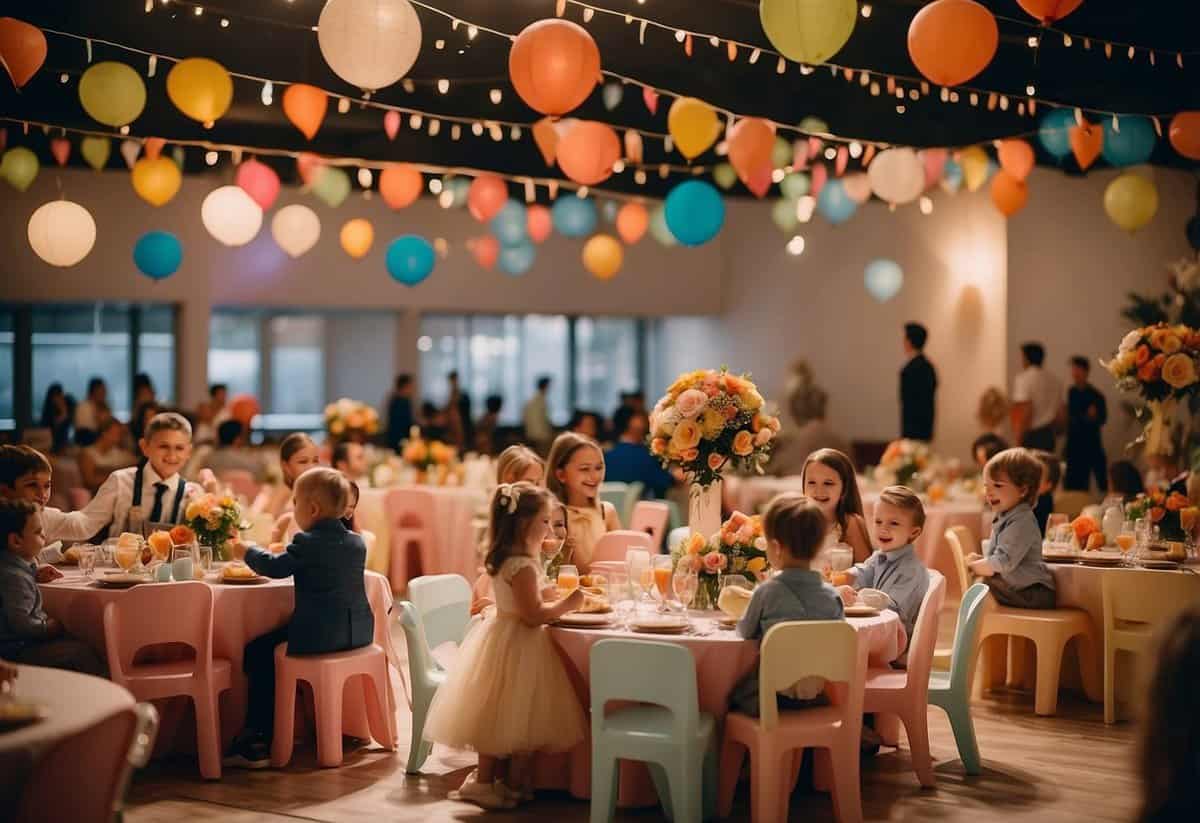 A joyful wedding reception with children playing in a colorful, spacious venue. The atmosphere is warm and inviting, with families mingling and enjoying the celebration