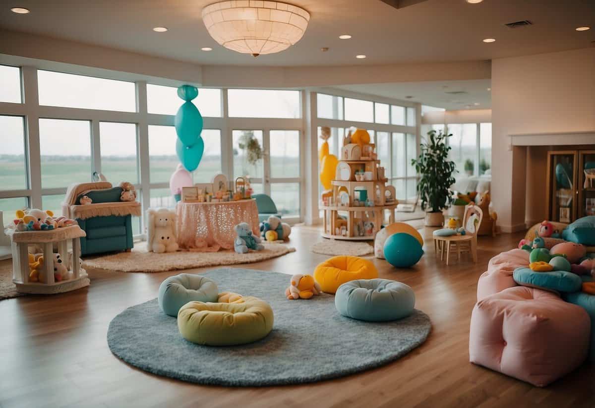 A wedding venue with a designated area for a babysitter to care for an on-site baby, complete with toys and a comfortable space