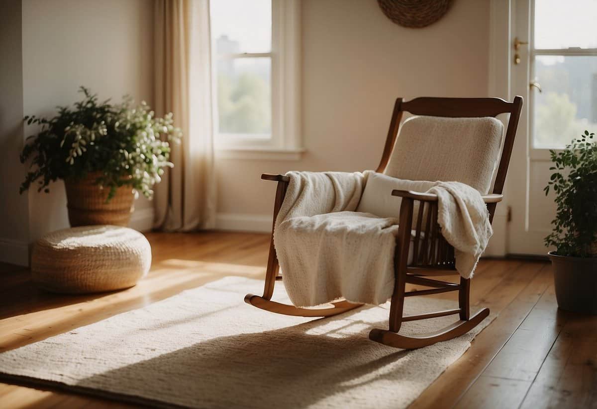 A peaceful, sunlit room with a cozy crib, soft blankets, and a gentle rocking chair for nap time during quieter moments at a wedding