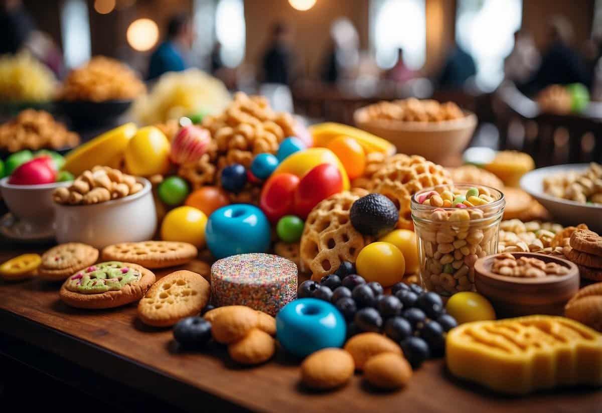 A pile of colorful toys and snacks arranged on a table at a wedding reception