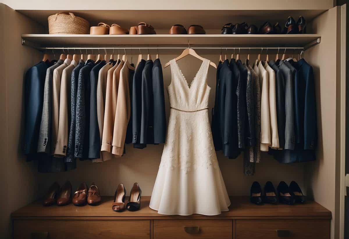 A dress and suit hanging in a closet, with a pair of shoes and accessories laid out on a dresser