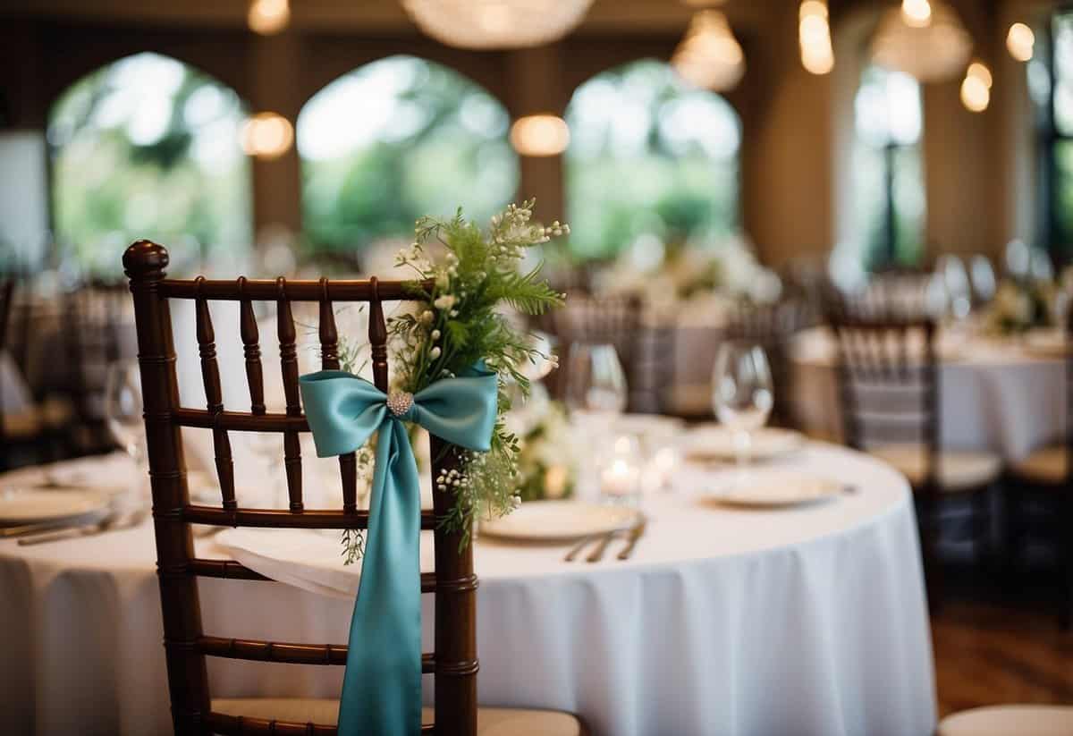 A baby's high chair sits at a wedding venue, adorned with a decorative bow and surrounded by festive table settings