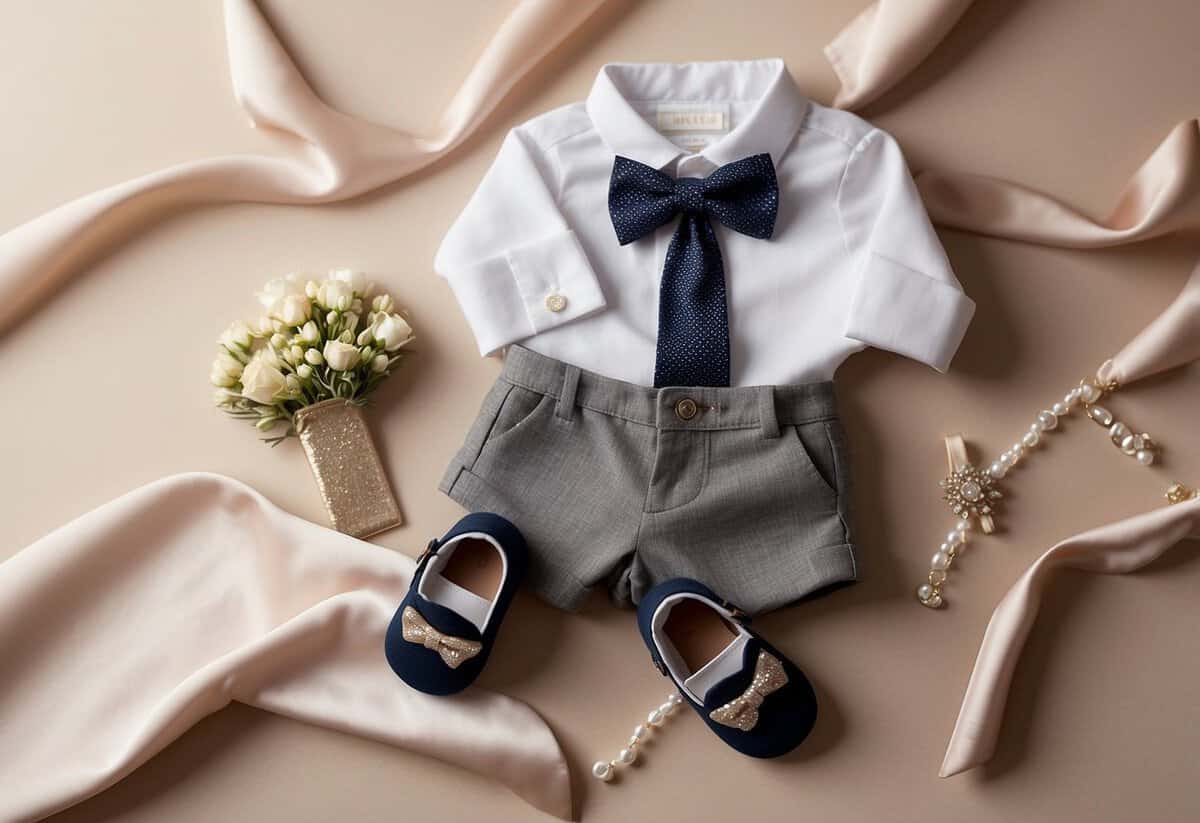 A baby's outfit laid out on a soft, cushioned surface, surrounded by delicate wedding accessories like a tiny bow tie and miniature dress shoes