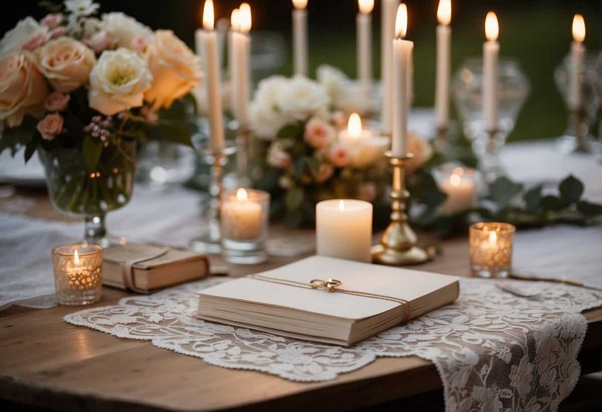 A table set with a delicate lace tablecloth, adorned with flowers and candles. A wedding planner's notebook and checklist sit nearby, with a stack of elegant invitations and a bouquet of fresh flowers