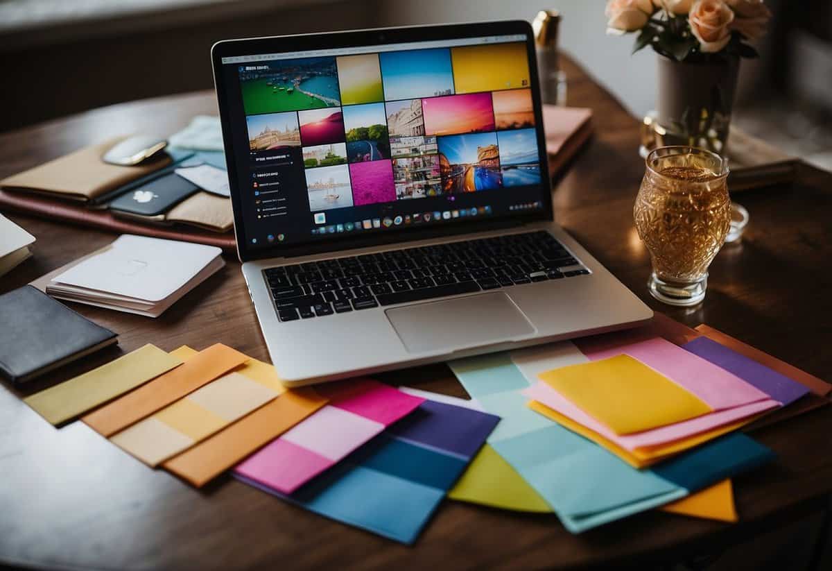 A wedding planner's desk cluttered with colorful swatches, elegant invitations, and a laptop displaying a popular social media platform