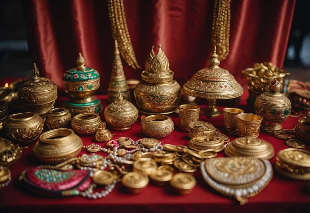 A colorful array of cultural wedding items and symbols, such as traditional attire, ceremonial objects, and festive decorations, are displayed in an organized and inviting manner