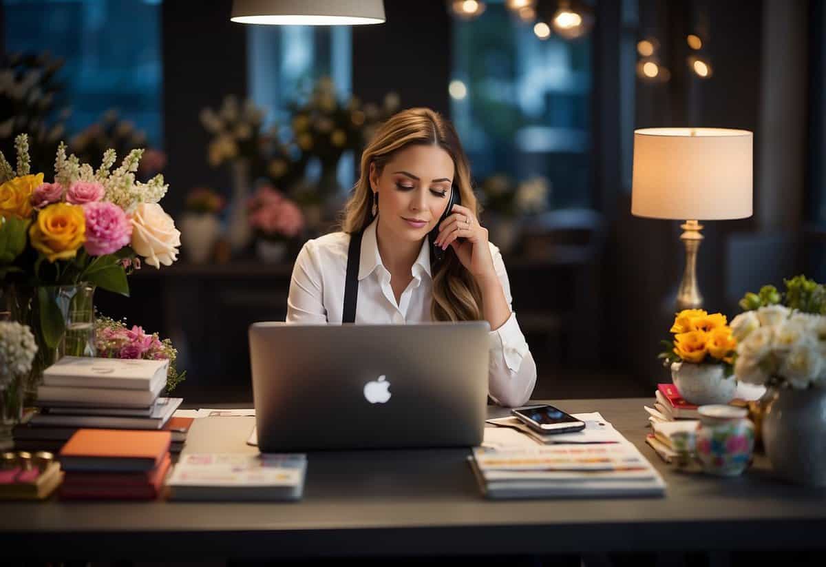 A wedding planner sits at a desk, surrounded by colorful swatches, floral arrangements, and a laptop. They are deep in thought, jotting down ideas and making phone calls to vendors