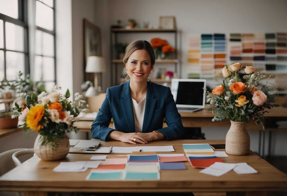 A wedding planner sits at a desk surrounded by colorful fabric swatches, floral arrangements, and a laptop. A calendar with dates circled in red hangs on the wall. A phone rings in the background