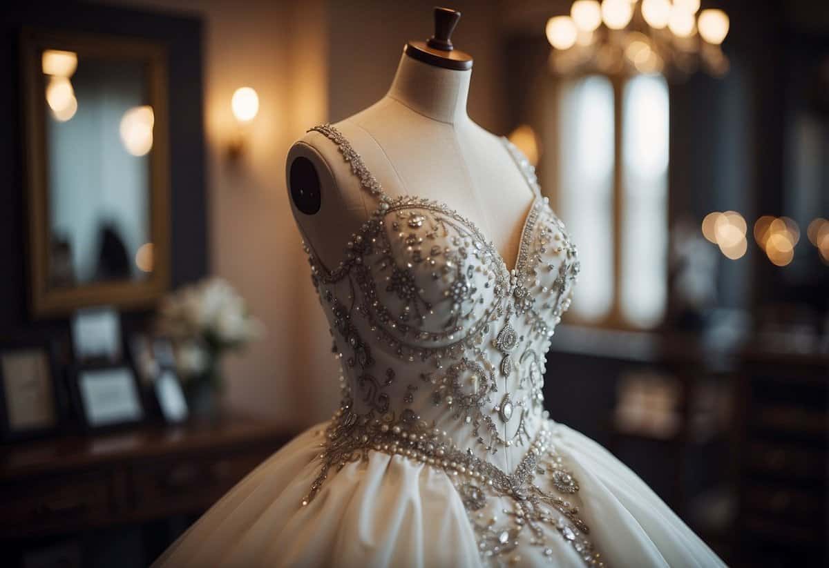 A wedding dress hanging on a tailor's mannequin, with pins and measuring tape nearby, showcasing the meticulous craftsmanship and attention to detail