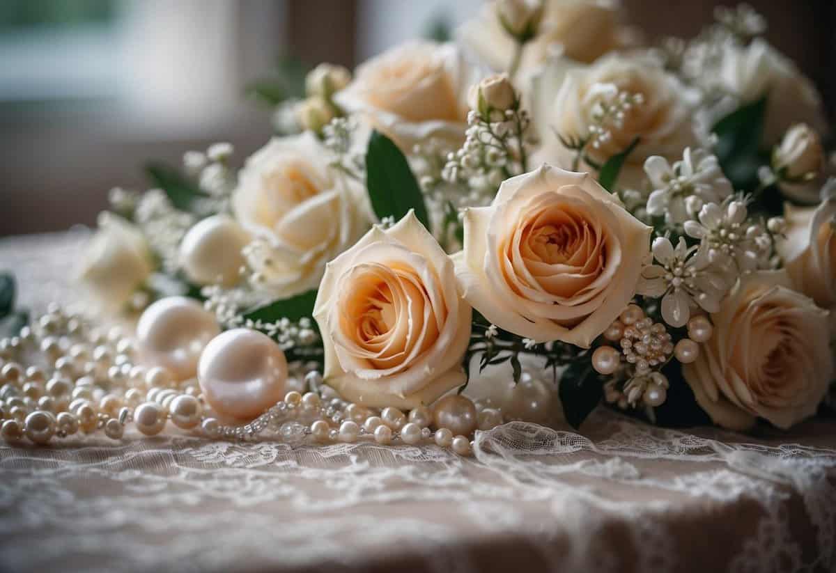 A table adorned with a delicate lace veil, shimmering hairpins, and a dainty pearl necklace. A bouquet of fresh flowers sits alongside, adding a touch of natural beauty