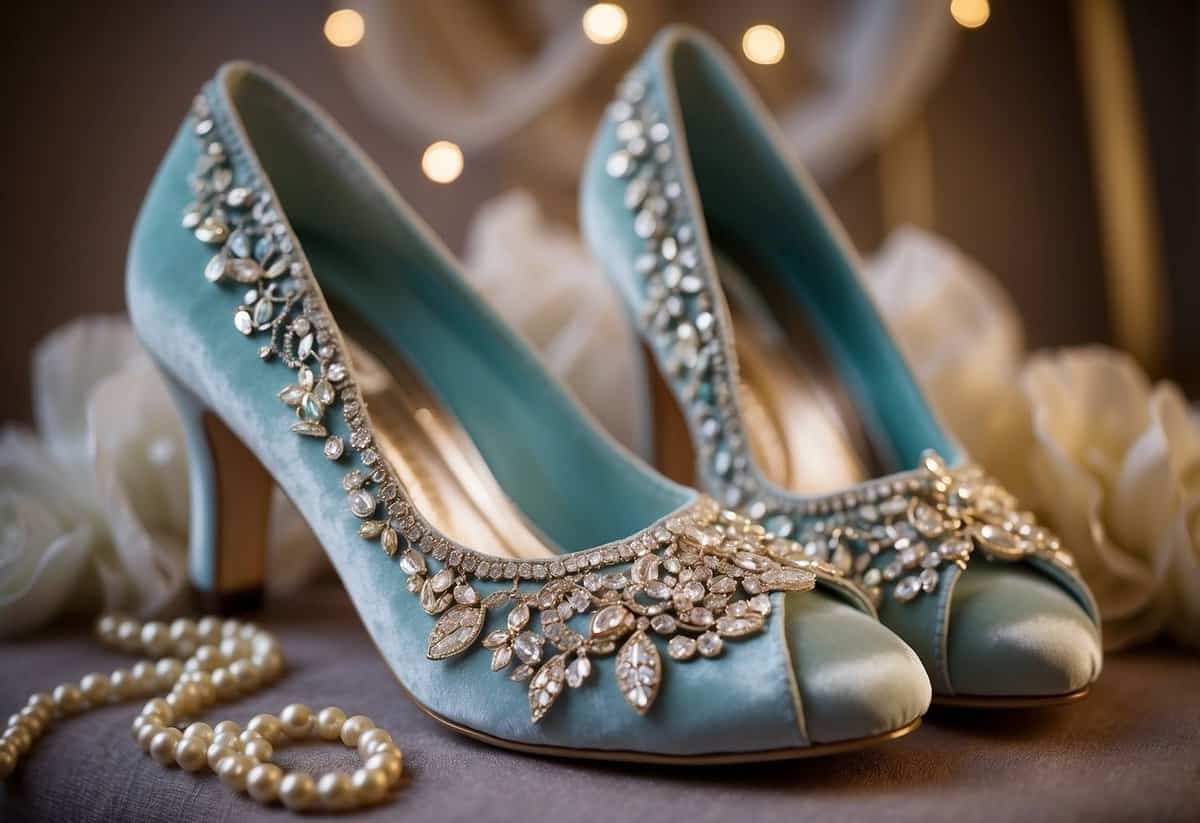 A pair of elegant, comfortable shoes, adorned with delicate lace and shimmering beads, sit on a plush velvet cushion, ready for the bride to slip into on her wedding day