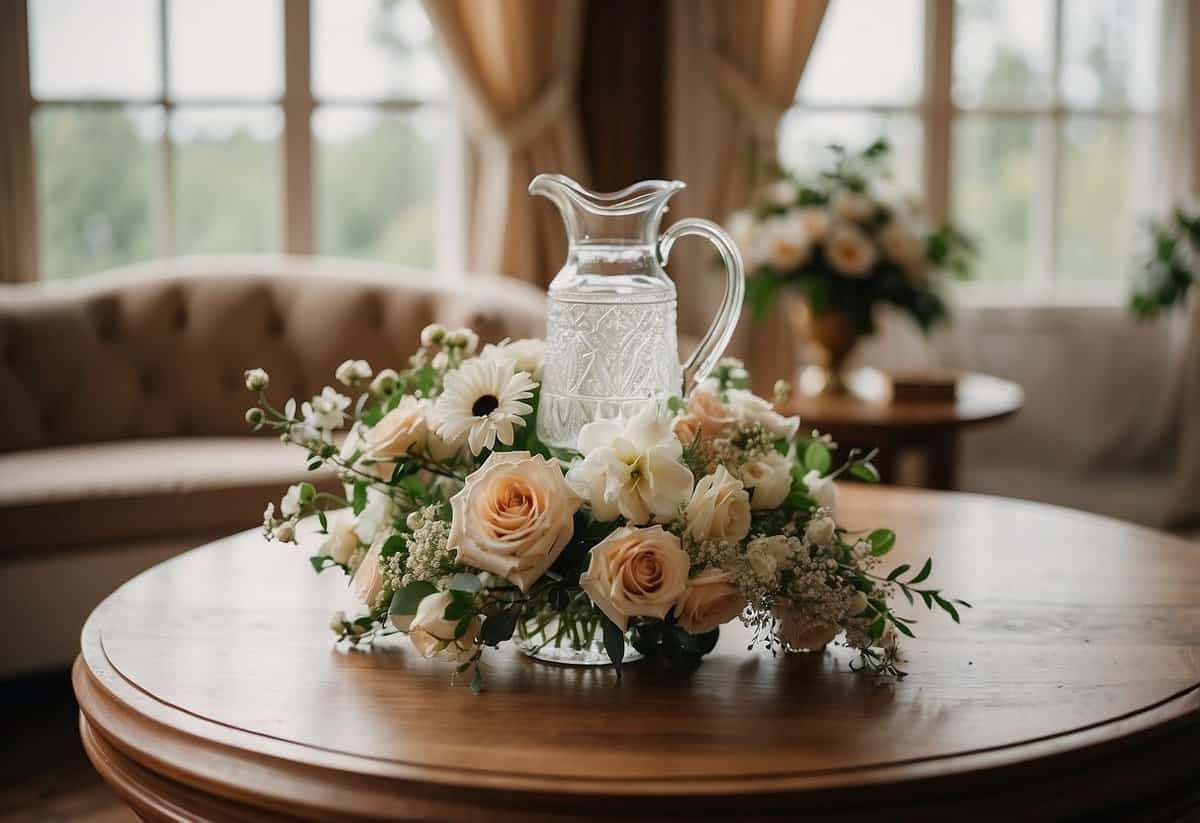 A table with a pitcher of water, a glass, and a bouquet of fresh flowers. A wedding dress and veil hanging in the background