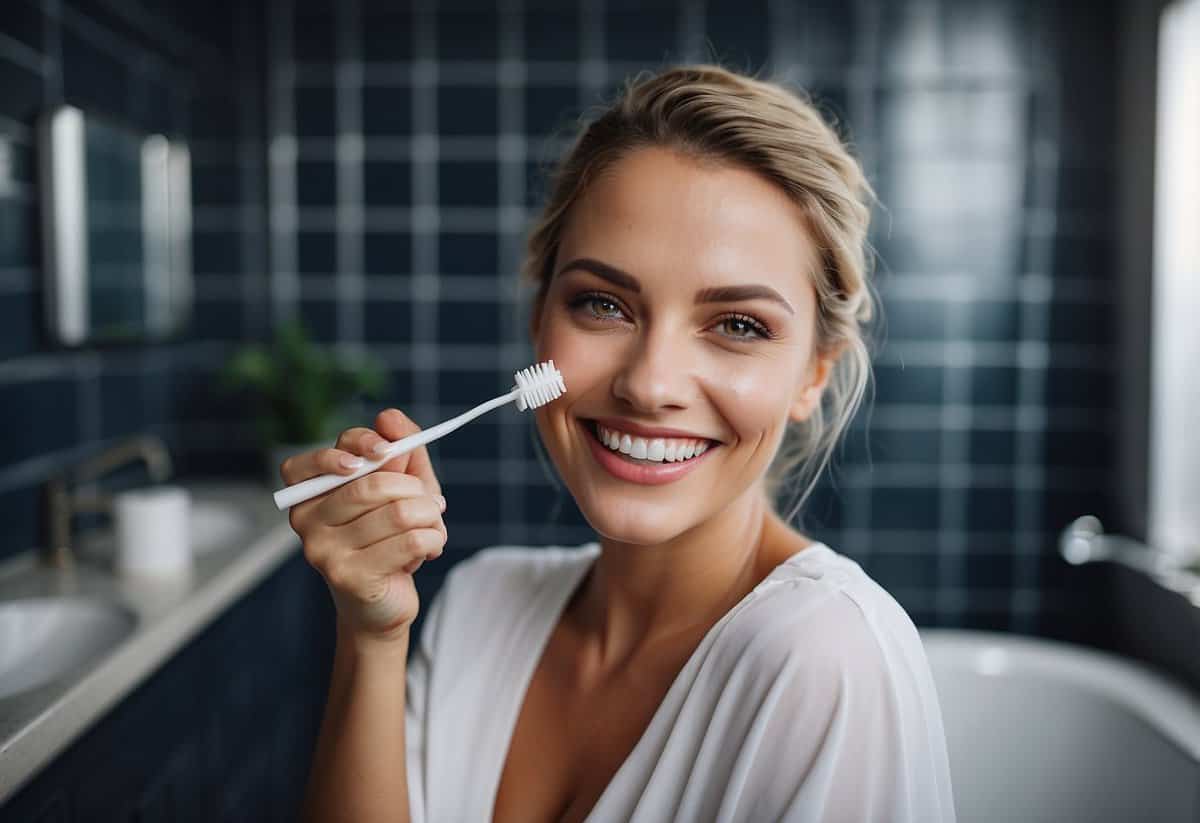 A bride holding a toothbrush, smiling with bright, white teeth. A tube of toothpaste and a glass of water on the bathroom counter