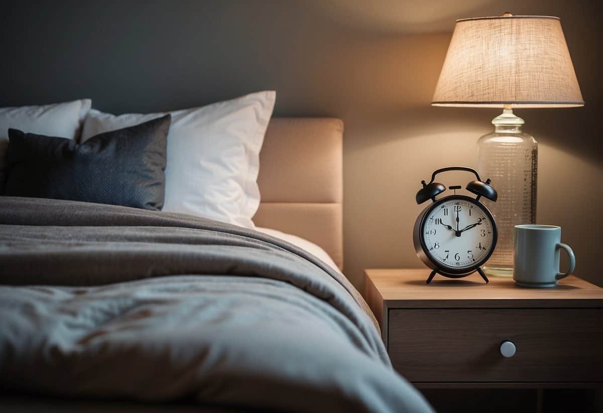 A serene bedroom with a neatly made bed, soft lighting, and a calming color palette. A nightstand with a glass of water and a book. A clock showing an early bedtime