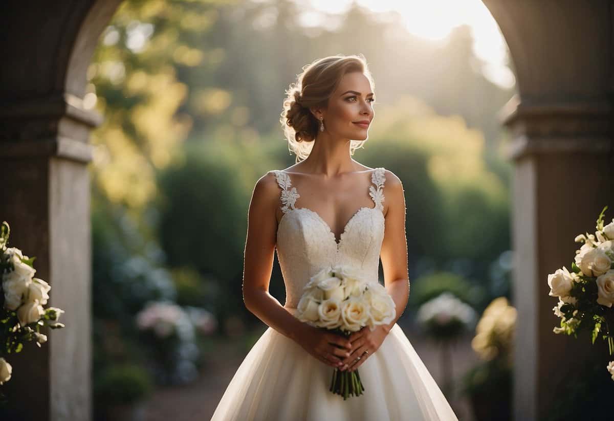 A bride stands tall, shoulders back, and chin up. She exudes confidence and grace, showcasing good posture on her wedding day