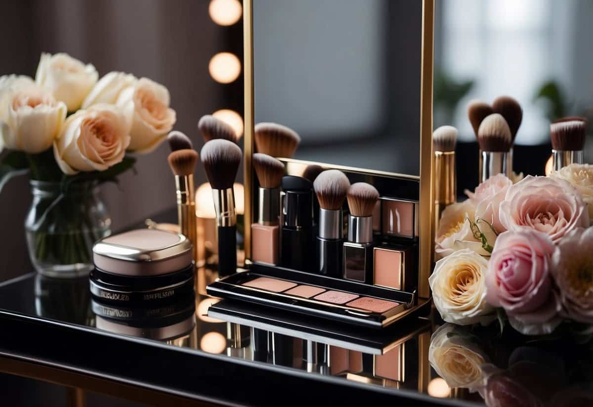 A table with makeup brushes, foundation, and lipstick. A mirror reflects the products. A bouquet of flowers sits nearby