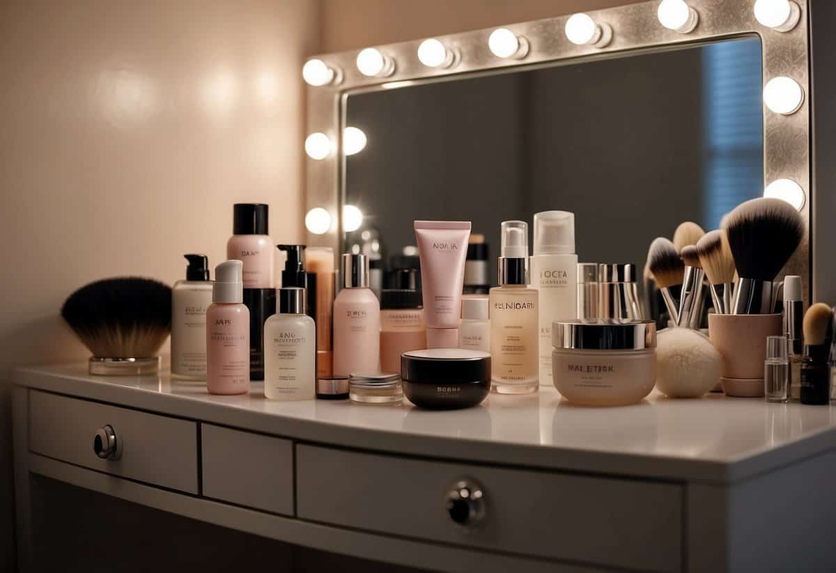 A woman's beauty routine: skincare, haircare, and makeup. Products laid out neatly on a vanity table, with a mirror and soft lighting