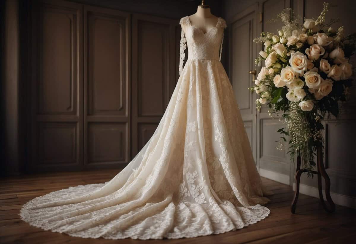 A wedding dress hanging on a vintage wooden hanger, surrounded by delicate lace, pearls, and a bouquet of fresh flowers