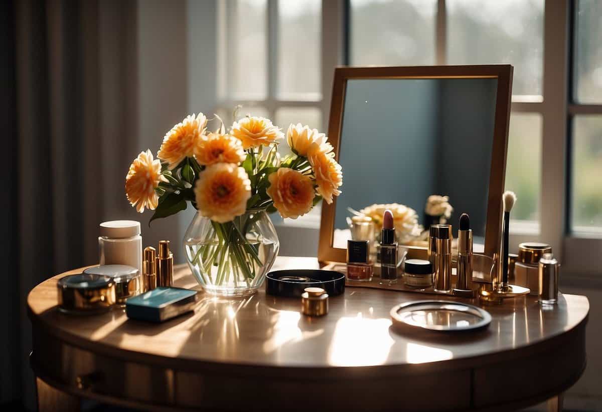 A table set with makeup, hair accessories, and a mirror. A bouquet of flowers nearby. Light streaming in through a window