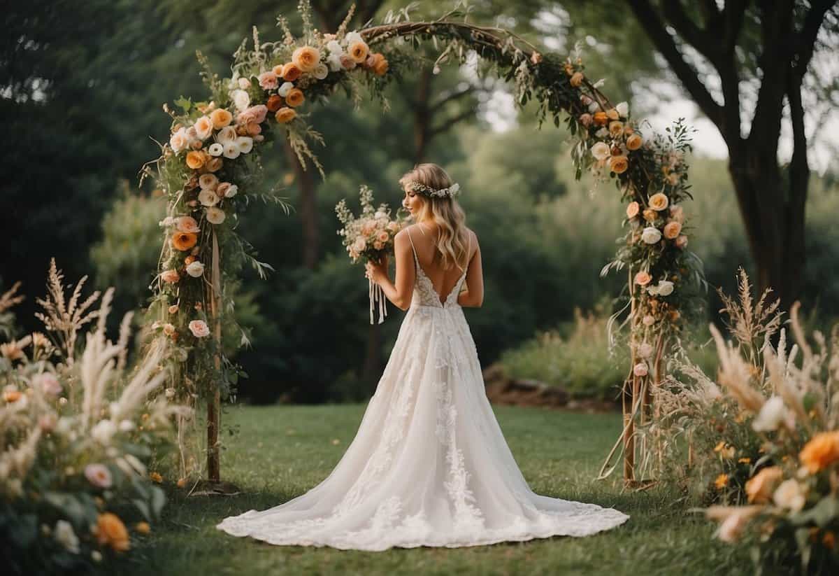 A boho wedding set in a lush garden with dreamcatchers hanging from trees, vintage rugs on the ground, and a macrame arch adorned with wildflowers