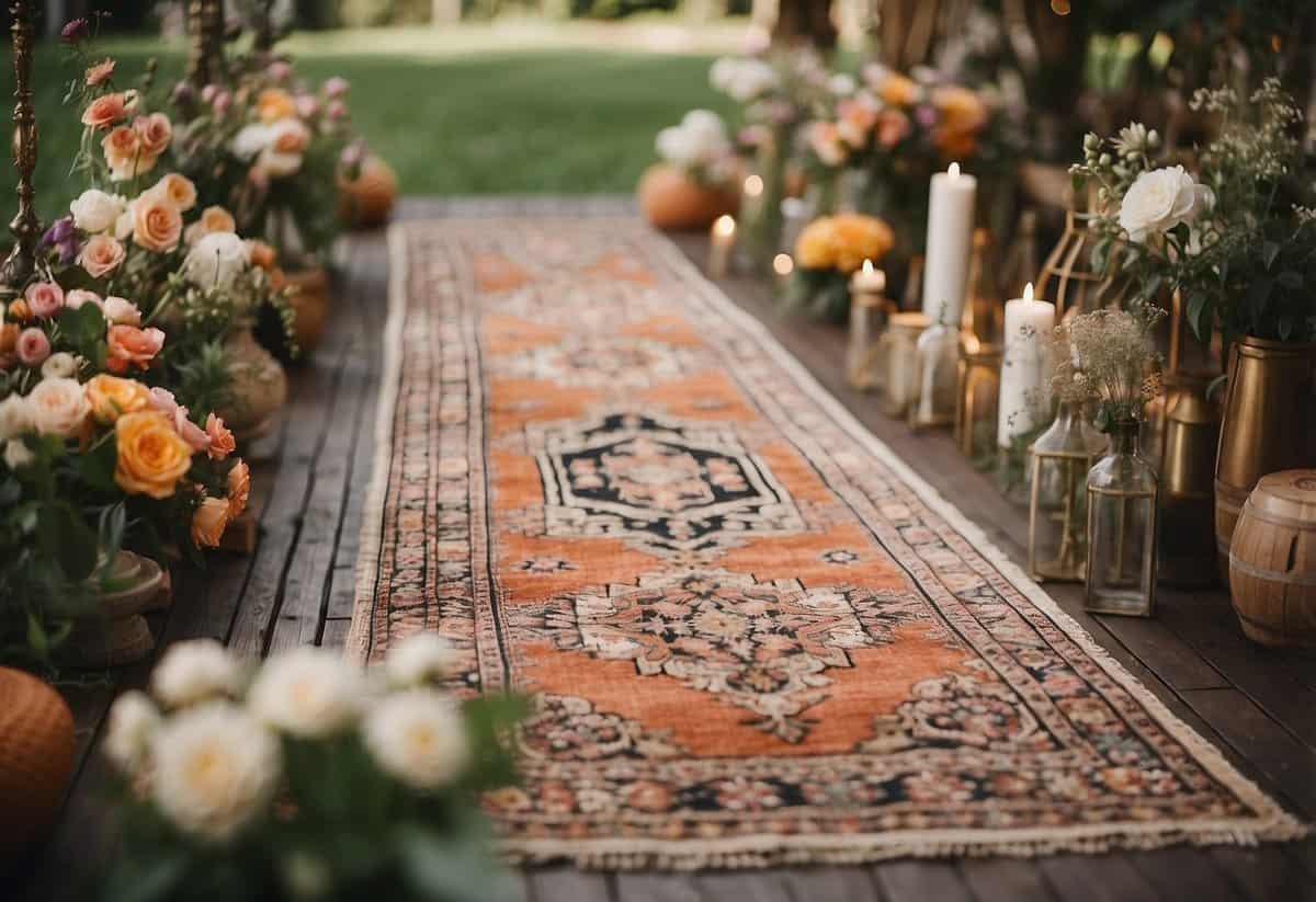 A vintage rug laid out as an aisle runner, surrounded by bohemian decor and flowers, creating a whimsical and romantic atmosphere