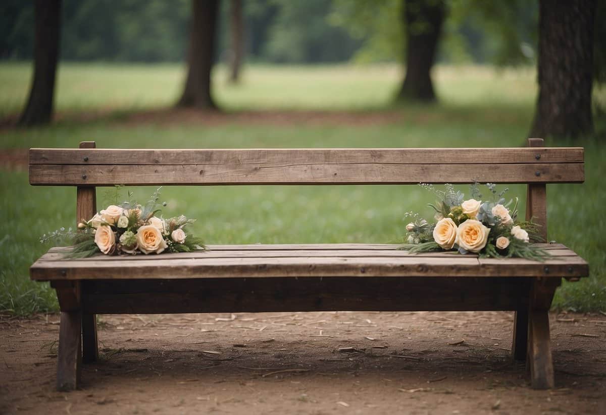Two weathered wooden benches adorned with bohemian wedding decor in a rustic outdoor setting