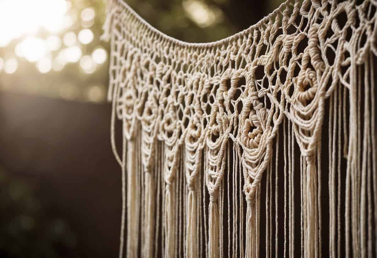 A handcrafted macramé backdrop hangs elegantly, adorned with intricate knots and delicate fringe, creating a bohemian atmosphere for a wedding celebration