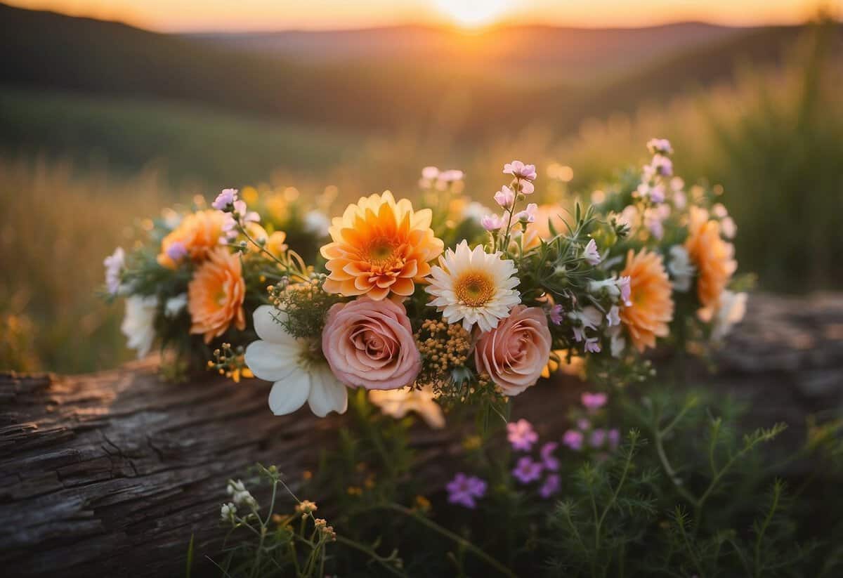 Vibrant flower crowns adorn rustic wedding decor, set against a bohemian backdrop of wildflowers and dreamy sunset hues