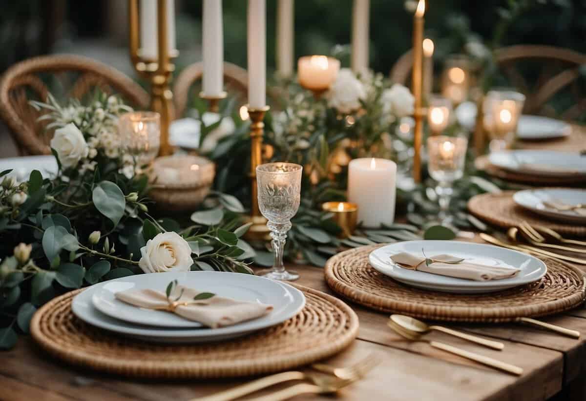 A table set with rattan charger plates, surrounded by boho wedding decor and greenery