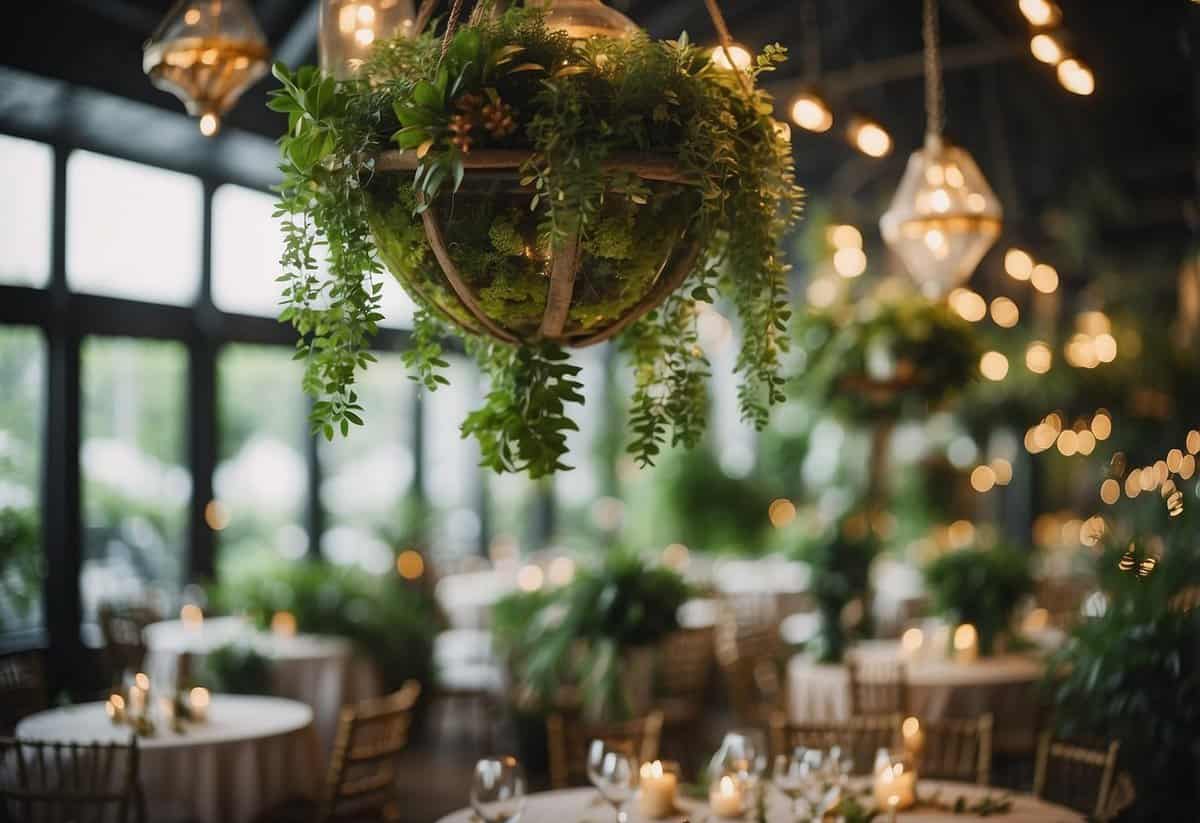 Lush greenery-filled terrariums hang from the ceiling, surrounded by bohemian wedding decor