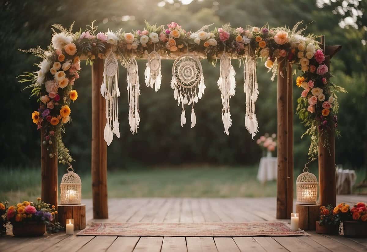 A boho wedding scene with dreamcatchers hanging from a wooden arch, surrounded by colorful flowers and vintage rugs. A relaxed, whimsical atmosphere with soft lighting and natural elements