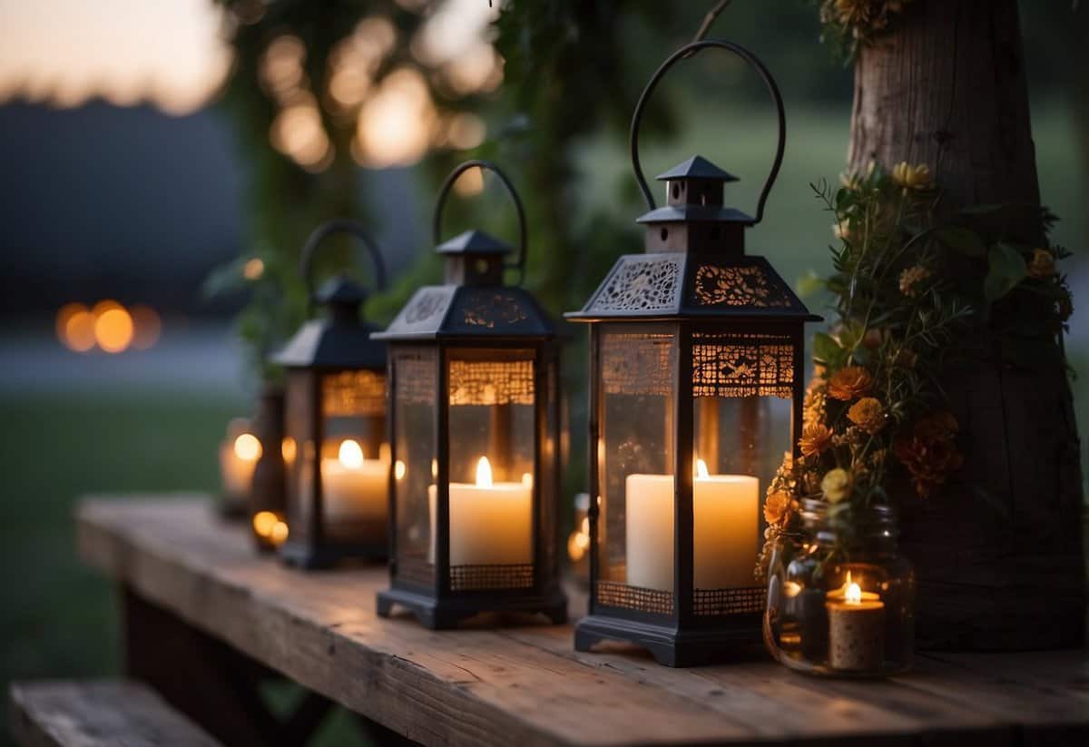 Rustic lanterns with lit candles illuminate a boho wedding setting