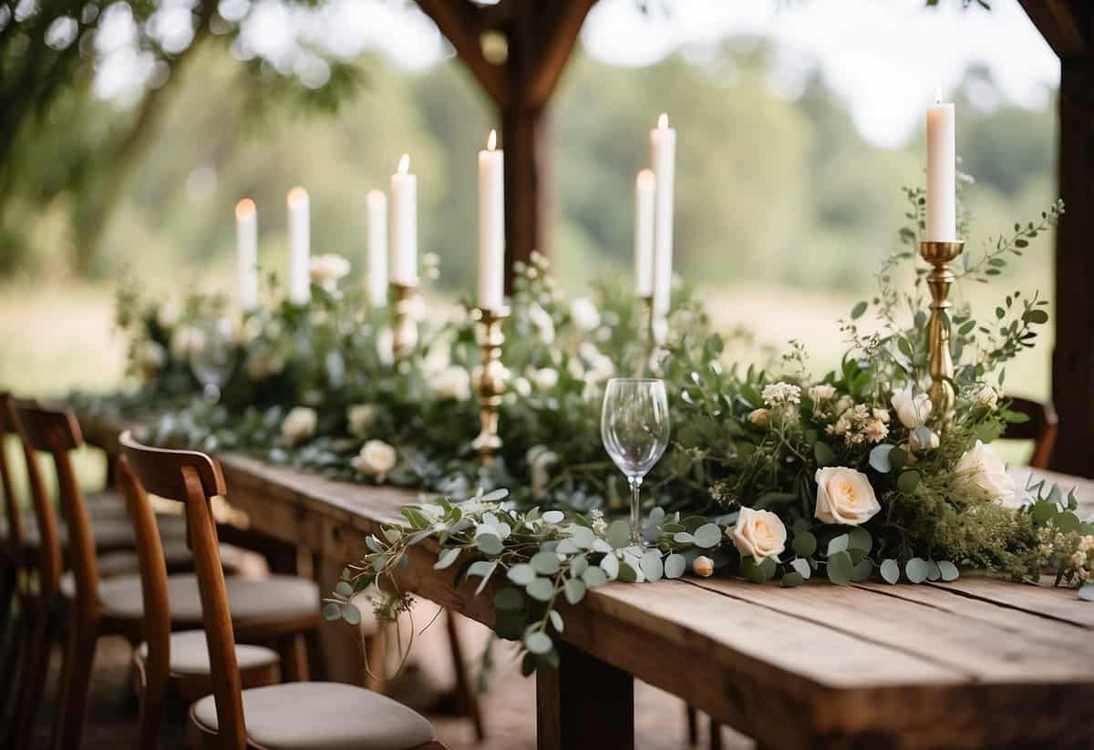 A rustic wooden table adorned with eucalyptus garlands, intertwined with delicate flowers and draped across the length, creating a bohemian wedding atmosphere