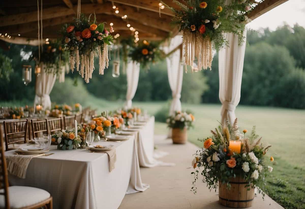 A colorful outdoor wedding with draped fabrics, macramé decor, and wildflower arrangements, creating a relaxed and bohemian atmosphere