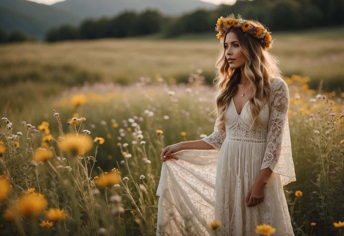 A boho bride stands in a field of wildflowers, wearing a flowing lace dress and a flower crown. A vintage rug and macramé backdrop create a whimsical ceremony space