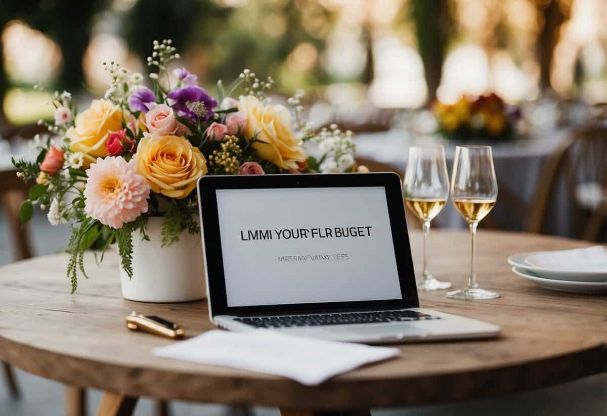 A table with a variety of flowers, a budget spreadsheet, and a sign reading "Limit Your Flower Varieties - wedding flower budget tips."